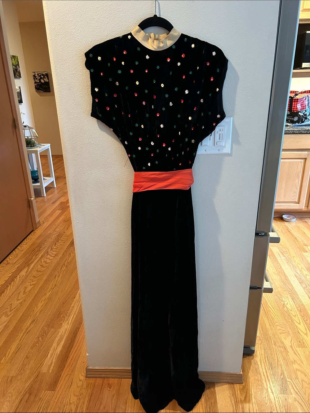 vintage Black Velvet Evening Dress with orange Waist Sash